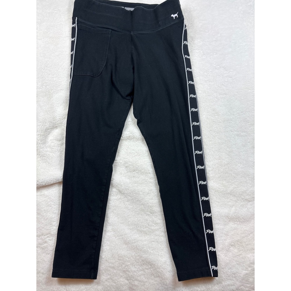 PINK Victoria's Secret Yoga Leggings Black Side Logo Tape Pocket Large